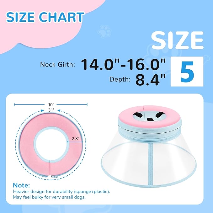 Sponge Core Dog Cone, Inflatable Dog Cone Collar Alternative, Dogs Donut Collar After Surgery, Soft Cone for Large Medium Small Dogs to Stop Licking, No Inflation Required, Clear View(Size 5, Pink)