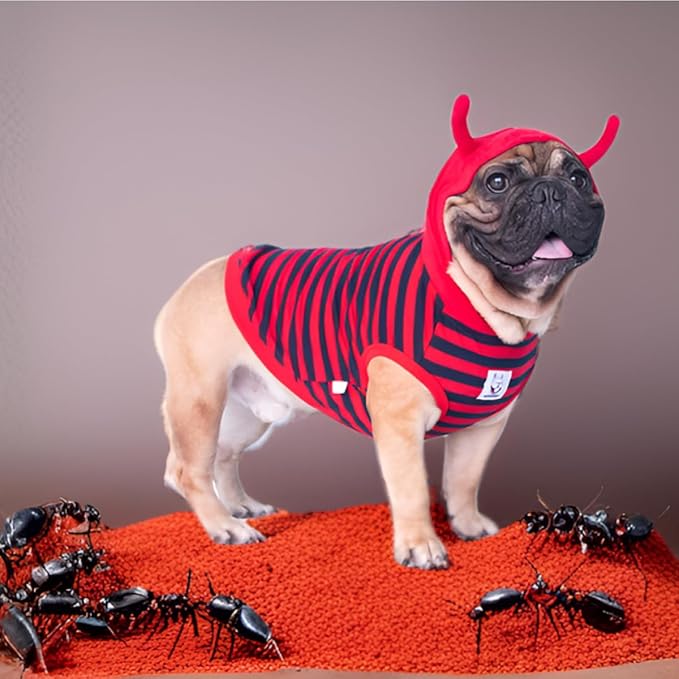iChoue Little Devil Fire Ant French Bulldog Costumes Hoodies Clothes Outfits Funny Cosplay Winter Coats Sweaters Pullovers for Medium Dogs Frenchie Pug English Boston Puppy - Red, Small