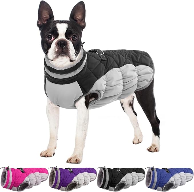 Winter Dog Coat,Large Dog Jacket,Waterproof Pet Jacket with Back Zipper,Pet Coat with Harness Built in,Warm Dogs Coat with Fleece Lined,Snow Jacket Clothes French Bulldog Shiba Inu,Black,L