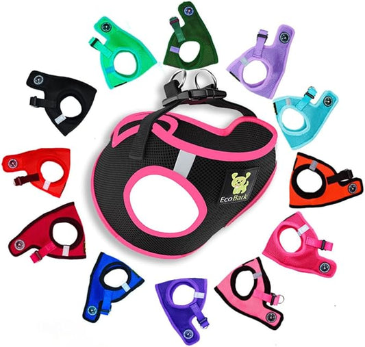 EcoBark Step in Dog Harness - Eco-Friendly Teacup Dog Harnesses for XXS, XS, and Small Dogs - Reflective and Adjustable Mini Body Halter Vest -Tiny Soft Mesh Toy Breed Harness (Black and Pink, XXS)