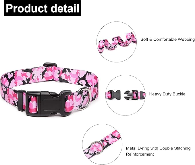 Adjustable Dog Collar with Patterns, Ultra Comfy Soft Nylon Breathable Pet Collar for Small Dogs (XS, Dog Camouflage Pink)
