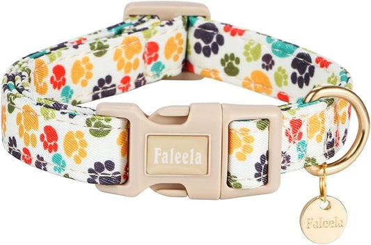 Faleela Dog Collar - Cute & Comfy Cotton Pet Collar, Adjustable Lightweight Design with Quick-Release Buckle, for Small, Medium & Large Dogs - Multiple Styles Available (Footprint, Medium)