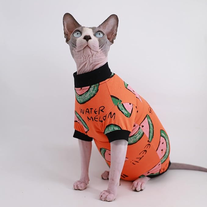 Sphynx Hairless Cat Cute Summer Cotton T-Shirts Pet Clothes,Round Collar Kitten Shirts Cats Apparel (Orange Watermelon, Medium (Pack of 1))