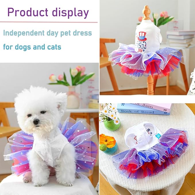 4th of July Dog Dress for Small Dogs Independence Day Girl Puppy Dresses with Stars Patriotic Cat Outfit Tulle Skirt Holiday National Day Pet Clothes(4th of July, Small)
