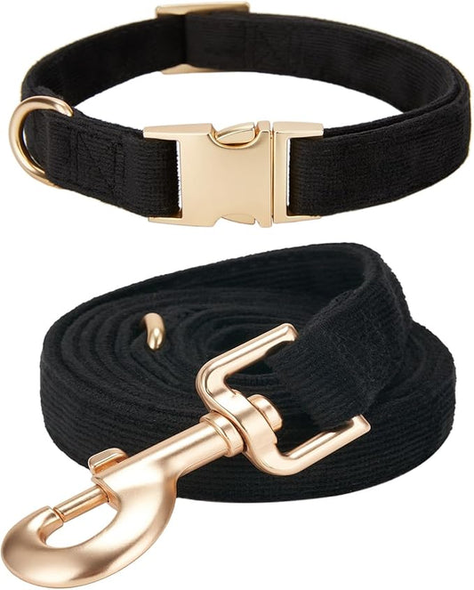 Soft Corduroy Dog Collar and Leash Set, Adjustable Cotton Dog Collars with Metal Buckle and Lead for Large Dogs,Black