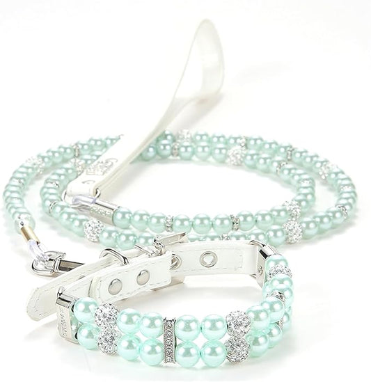 Green Pearl Small Dogs, Beaded Cat Collar Leash Set Pu Leather Puppy Necklace with Crystal Rhinestone Diamond Adjustable for Girl Kitten XXSmall Small Medium Female Dogs Wedding & Birthday Party, XS