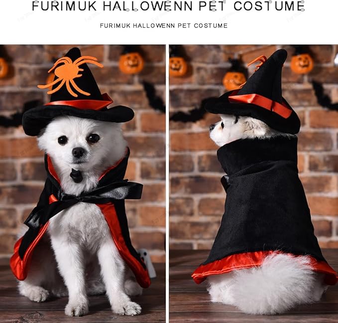 Dog Cats Witch Halloween Costume Cape Suit, Spider Wizard Cloak & Hat for Puppy Cosplay Clothes Apparel, Pets Cute Outfit Dress Up Accessories for Halloween Party Decor