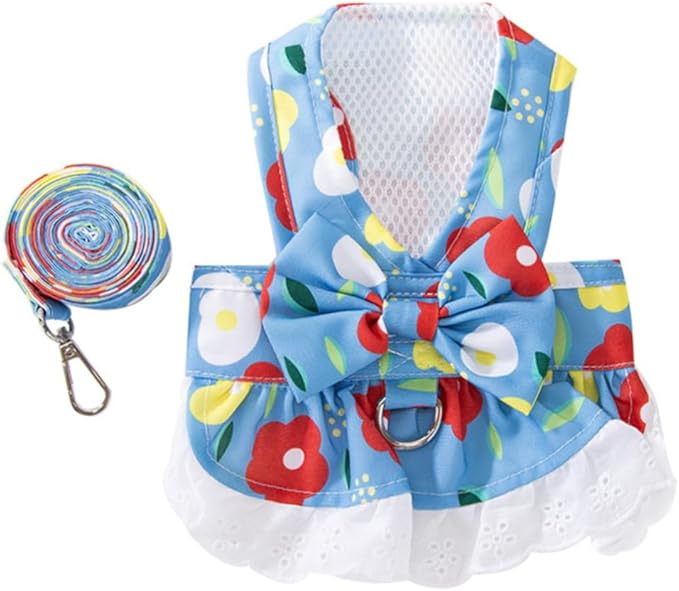 Daisy Floral Dog Harness and Leash Set - Bow Knot Girl Puppy Princess Skirt with D-Ring Mesh, Light Blue, Medium