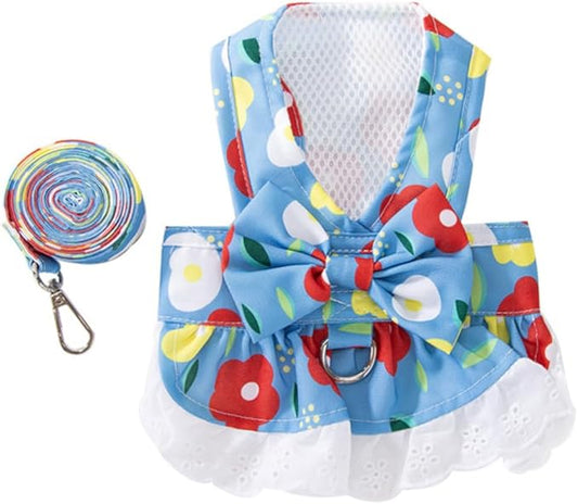 Daisy Floral Dog Harness and Leash Set - Bow Knot Girl Puppy Princess Skirt with D-Ring Mesh, Light Blue, Medium