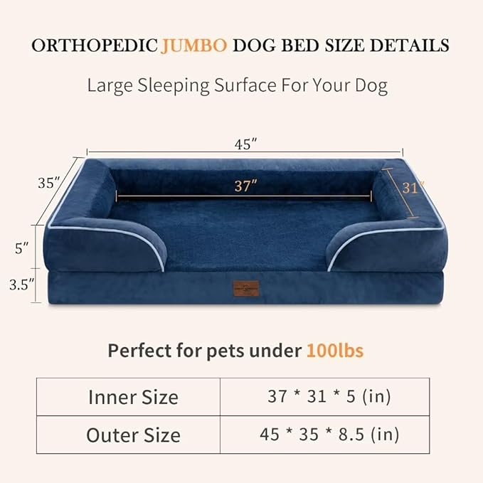 Comfort Expression PV Washable Jumbo Dog Bed for Extra Large Dogs, Waterproof Orthopedic Dog Beds, Jumbo Breed Pet Sofa Couch with Removable Cover & Non-Slip Bottom(Navy Blue)
