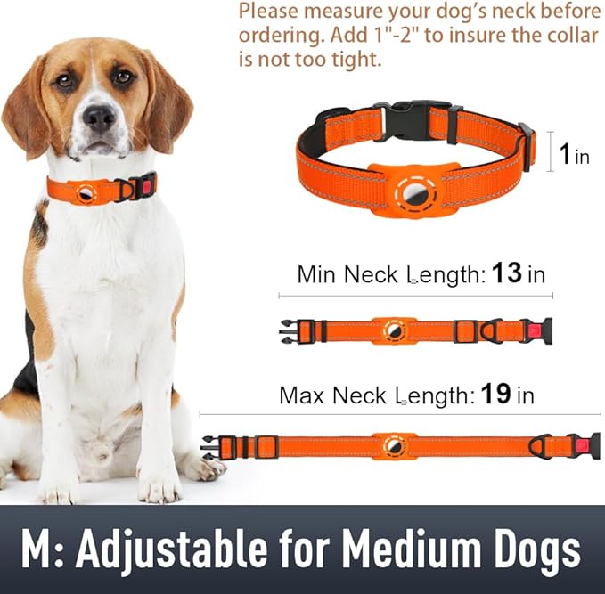 Airtag Dog Collar with AirTag Holder for Medium Dogs, Reflective, Soft Padded & Safety Locking Buckle, Nylon Pet Collars Adjustable for All Breeds, Orange,M