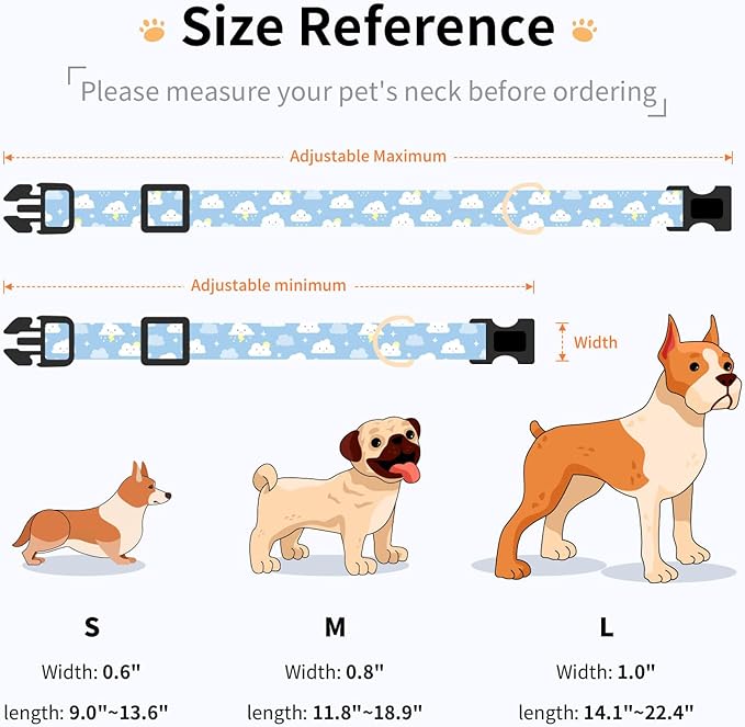 Cotton Dog Collar,Adjustable Cute Puppy Collar with Moon Patterned Design for Small Medium Large Dogs,Soft and Fancy Pet Collar with Safety Buckle for Girl Boy Dogs (Blue Cloud, Medium)