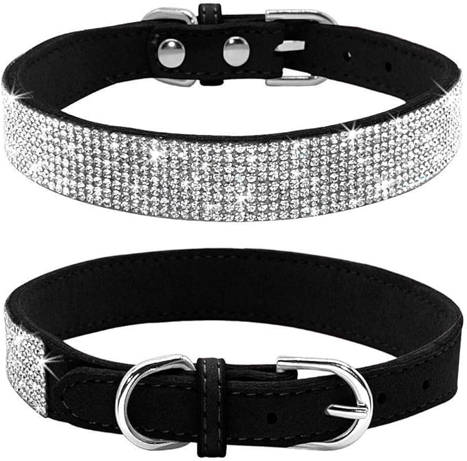 Rhinestone Dog Collar, Cute Dazzling Sparkling Soft Suede Leather Dog Cat Rhinestone Collar Crystal Diamond Pet Dog Puppy Collar(Black,XS)