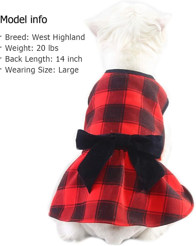 KYEESE Christmas Dog Dress for Small Dogs Red Buffalo Check Dogs Dresses with Bowtie Pullover Dog Dress