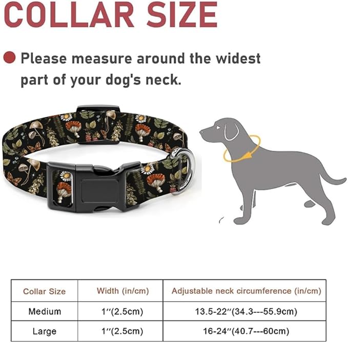 Dog Collar, Cute Dog Collar for Small Medium Large Dogs, Personalized Adjustable Soft Pet Collars with Quick Release Buckle for Walking Running, Cute Boho Mushrooms