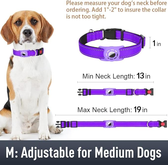 Airtag Dog Collar with AirTag Holder for Medium Dogs, Reflective, Soft Padded & Safety Locking Buckle, Nylon Pet Collars Adjustable for All Breeds, Purple,M