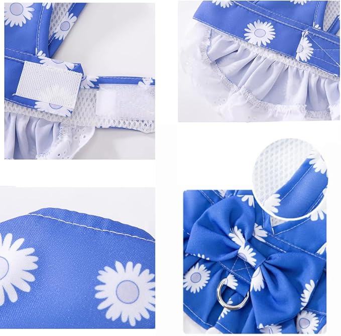 Dog Harness Dress for Small Dog Daisy Floral Dog Harness and Leash Set Bow Knot Girl Puppy Princess Skirt with D-Ring Mesh Summer Pet Clothes for Cat Dogs (Medium, Blue)