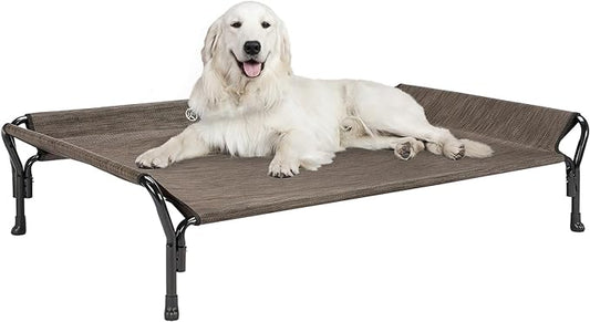Veehoo Cooling Elevated Dog Bed, XL Raised Pet Cot with Guardrail & Slope Headrest, Durable Breathable Teslin Mesh, Non-Slip Feet, Washable Dog Couch Bed for Indoor & Outdoor, 50.5" x 33.5, Brown
