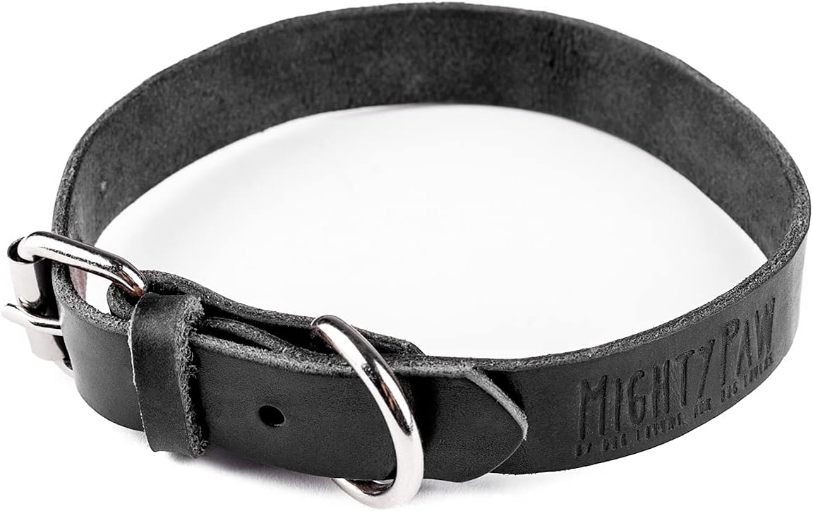 Mighty Paw Leather Dog Collar - Genuine Distressed Leather - Strong Metal Buckle - Ultimate Comfort - Modern Style for All Dogs Breeds - Comfort Puppy Collar - (Medium - Black)