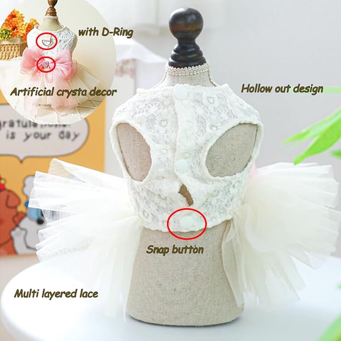 White Small Dog Wedding Dress with D-Ring, Bow Knot Puppy Clothes for Small Dog Girl,Cat Birthday Outfit, Pet Party Dress for Kitten Chihuahua Yorkie Pomeranian(White, Large)