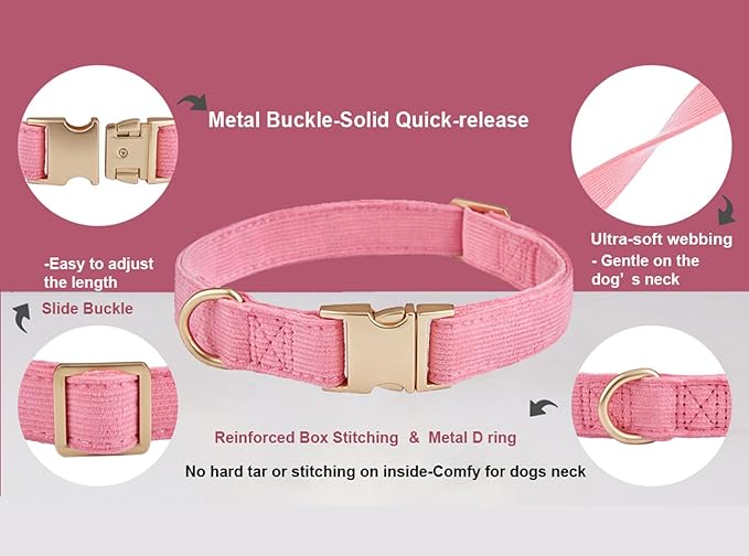 Soft Dog Collar with Metal Buckle Adjustable Durable Comfort Cotton Corduroy Collars for Large Medium Small Dogs Velvet Dog Collars, Pink