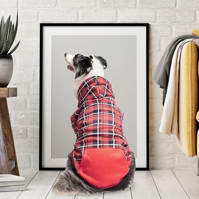 EXPAWLORER Plaid Dog Hoodie - British Style Warm Dog Sweater Shirt with Leash Hole,Pitbull Clothes Outfits,Winter Coat Apparel for All Breeds Puppy Girl Boy-Cat Apparel
