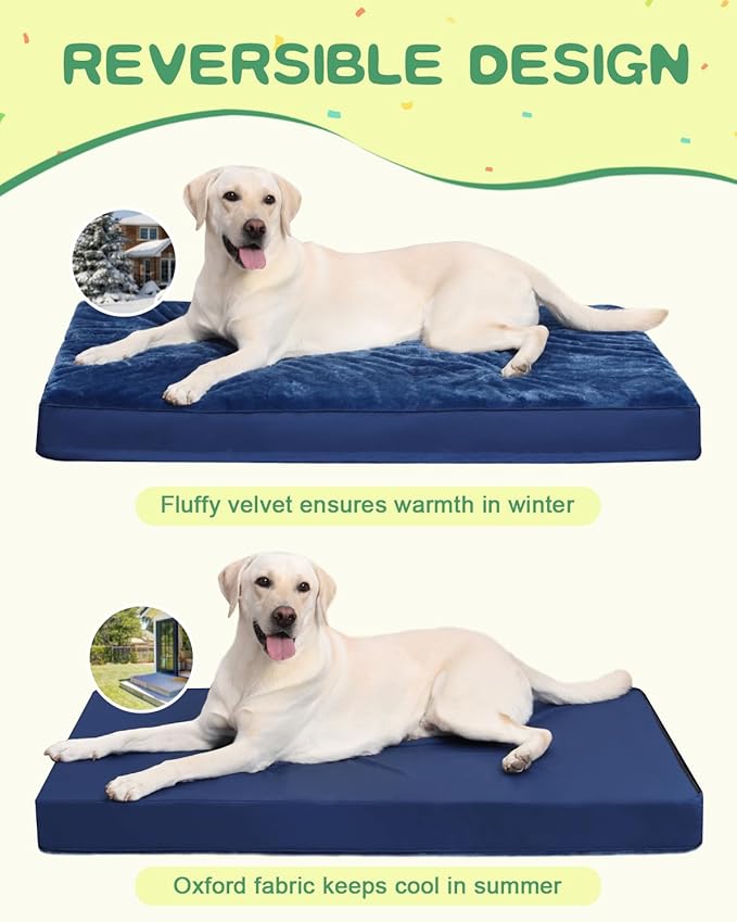 KSIIA Orthopedic Extra Large Dog Crate Bed, Waterproof, Plush, Washable, Deluxe with Egg Crate Foam & Removable Cover, 47 x 29 Inch, Blue