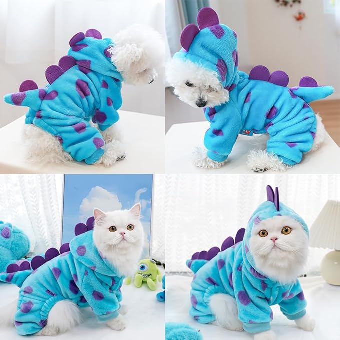 Dinosaur Dog Clothes for Small Dog Girl Boy,Fleece Winter Puppy Hoodies with Leash Ring,Cold Weather Coat for Cat,Funny Dog Dinosaur Costume for Christmas Halloween. (Blue, X-Small)