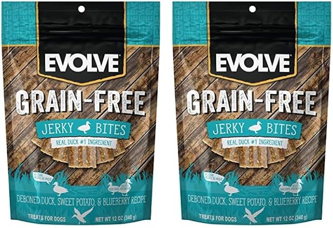 Evolve Grain Free Duck, Pea and Blueberry Jerky Bites Dog Treats (Pack of 2)
