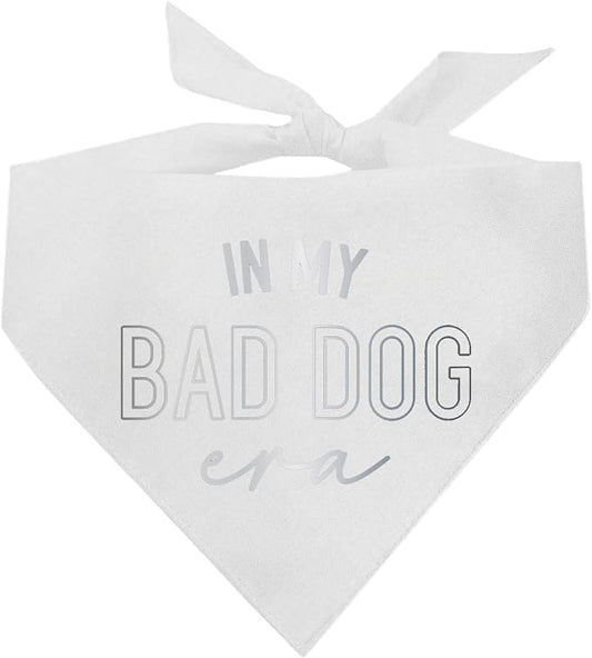 in My Bad Dog Era Metallic Printed Dog Bandana | 100% Cotton Adjustable Triangle | Trendy Pet Accessory | Bold Pups | Funny |White, Silver Foil (1326)