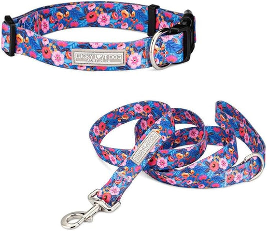 Lucky Love Dog - Adjustable Dog Collar and Leash Set with Easy Click Buckle for Small to Large Dogs, Durable, & Comfortable Collar for Male & Female Dogs, Puppies & Adult Dogs - Zuzu Combo, Medium