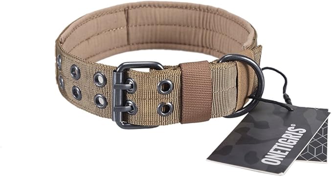 OneTigris Military Adjustable Dog Collar with Metal D Ring & Buckle 2 Sizes (Coyote Brown, L)