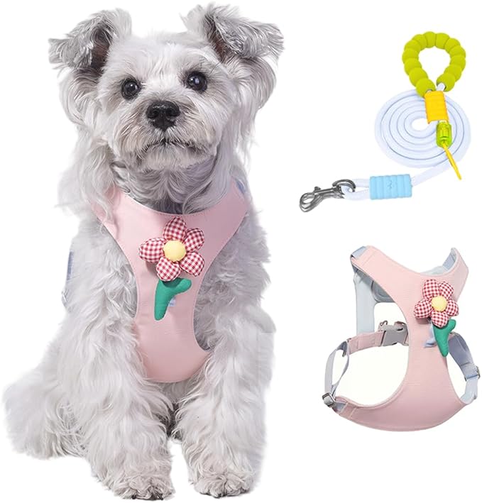 Dog Harness and Leash Set with 2 Flower Patches, No Pull Adjustable Puppy Harness, Step in No Chock Dog Vest for Small Medium Dogs Puppy and Cats(Pink, M)