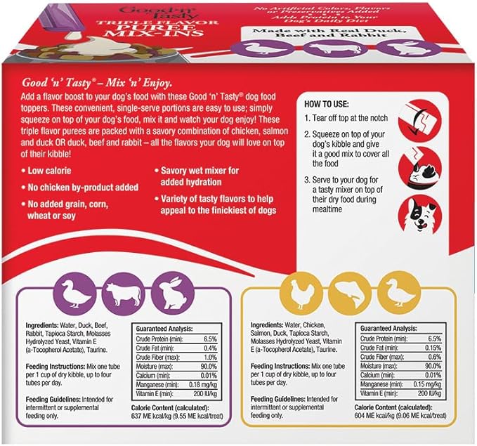 Good 'n' Tasty Triple Flavor Puree Mix-Ins Variety Pack Dog Food Topper Treats for All Dogs, 84 Count, Easy Single-Serve Portions, Added Protein with Chicken, Salmon, Duck, Beef and Rabbit