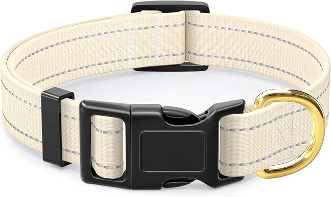 Reflective Dog Collar for Medium Dogs, Cute Adjustable Heavy-Duty Nylon Puppy Collars for Boy and Girl Female, Soft Pet Accessories with Quick Release Buckle, Neck 14-20", Beige