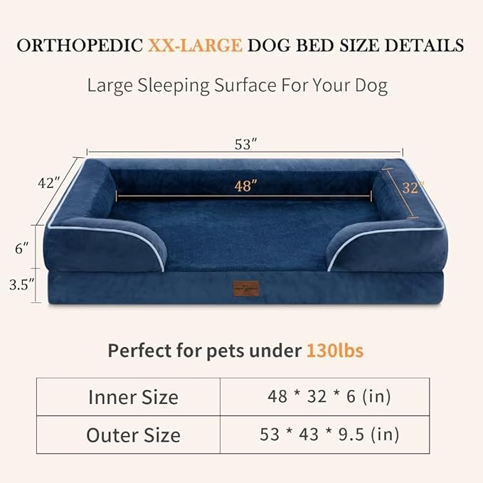 Comfort Expression XXL Orthopedic Dog Beds, Waterproof Orthopedic Foam Extra Large Dogs Beds, Washable Dog Sofa Beds with Removable Cover & Non-Slip Bottom(XX-Large,Navy Blue)
