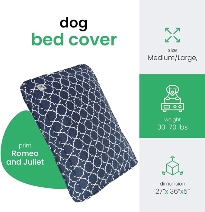 Molly Mutt Medium to Large Dog Bed Cover- Romeo & Juliet Print - Measures 27”x36”x5’’ - 100% Cotton - Durable - Breathable - Sustainable - Machine Washable Dog Bed Cover