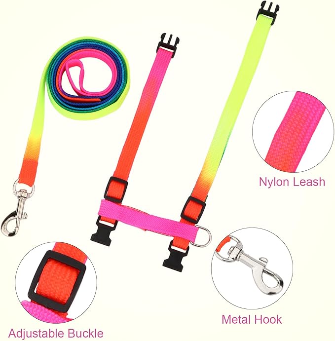 Hypeety Rabbit Harness Lead Leash Soft Nylon, Adorable Colorful Rainbow Adjustable Harness Collar, Outdoor Walking Buckle Leash