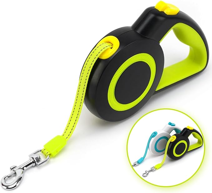 Retractable Dog Leash,Night Reflection,Light Weight Leash for Small to Dogs/Cats,Stainless Steel Spring,Strong Nylon Tape, One-Handed Brake (Black-Yellow)