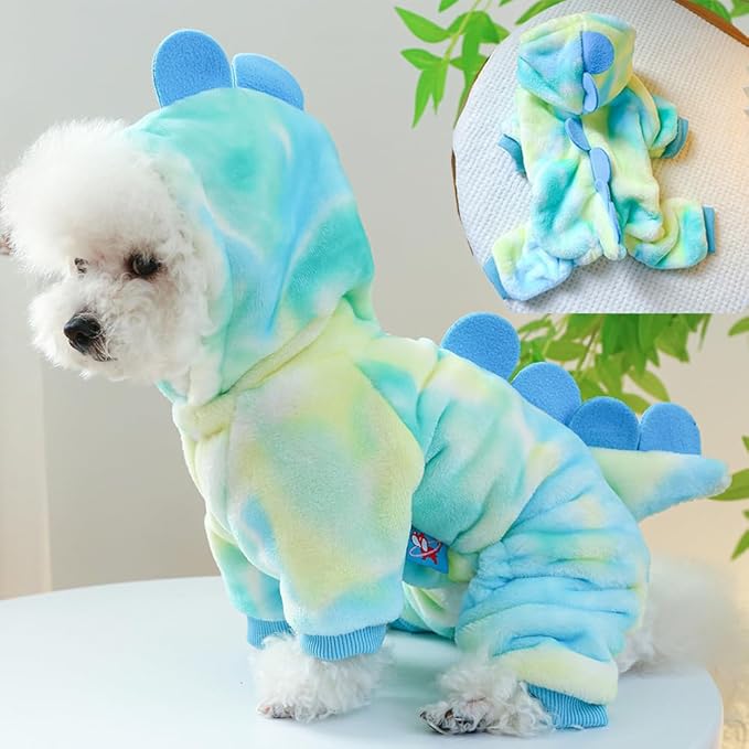 Dinosaur Dog Clothes for Small Dog Girl Boy,Fleece Winter Puppy Hoodies with Leash Ring,Cold Weather Coat for Cat,Funny Dog Dinosaur Costume for Christmas Halloween. (Green, Large)