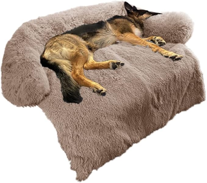 Calming Dog Bed Fluffy Plush Dog Mat for Furniture Protector with Removable Washable Cover for Large Medium Small Dogs and Cats (Large(45x37x6), Camel)
