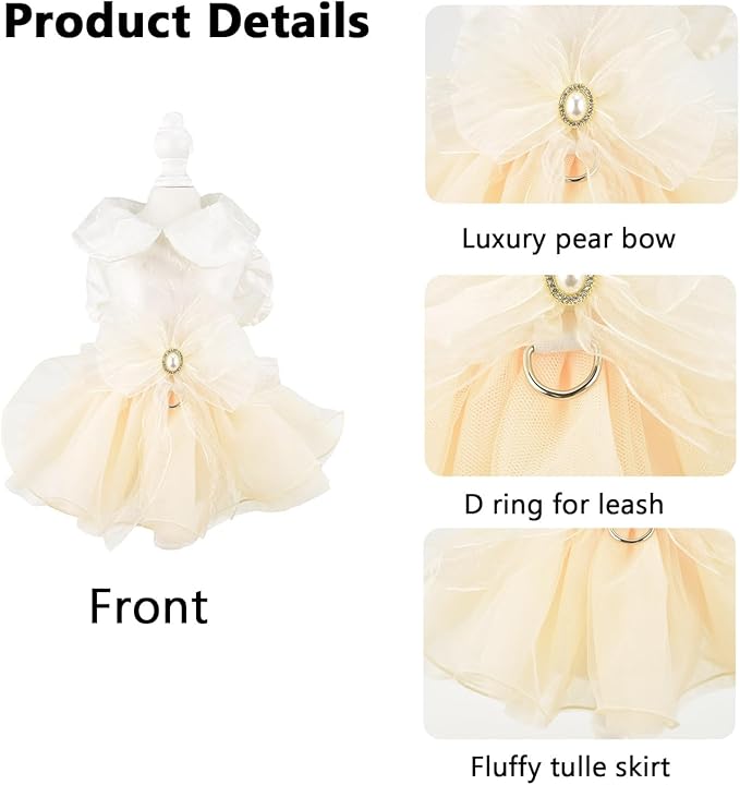 FLAdorepet White Dog Tutu Dress Skirt with Leash Ring,Dog Clothes for Small Dogs Girl,Formal Pet Wedding Attire Dresses, Cat Bridal Outfit Costume (White Bow, X-Small)