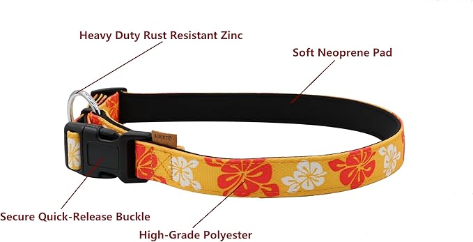 Dog Collar, Cute Floral Pattern, Neoprene Padded and Adjustable Collar with Quick Release Buckle, Reinforced Structure (L (Neck 18-28", Width 1"), Hawaiian Orange)