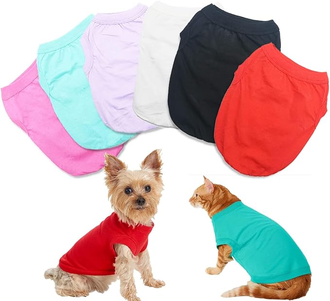 6 Pack Yorkie Clothes Plain Extra Small Dog T Shirt 100% Cotton Solid XS Puppy Clothes Blank Chihuahua Clothes Girl Puppy Tshirt for Boy Dogs Shirts Pet T-Shirt for Small Dogs Cats, XS