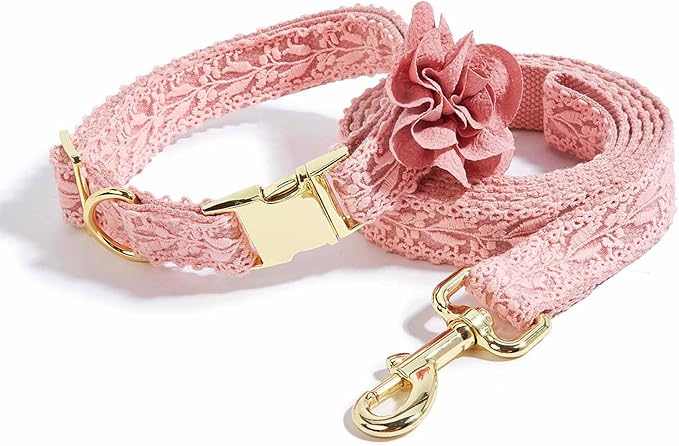 Pink Dog Collar Cotton Lace Handmade Embroidered Adjustable Dog Collar and Leash Set for Large Dogs with Rose Gold Metal Buckle & Fashion Flowers for Girl Dog Wedding Collar (Pink,M)