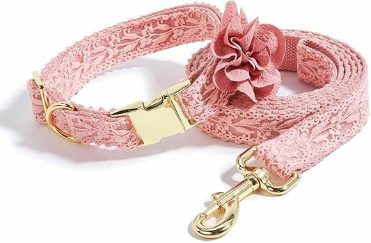 Pink Dog Collar Cotton Lace Handmade Embroidered Adjustable Dog Collar and Leash Set for Large Dogs with Rose Gold Metal Buckle & Fashion Flowers for Girl Dog Wedding Collar (Pink,S)