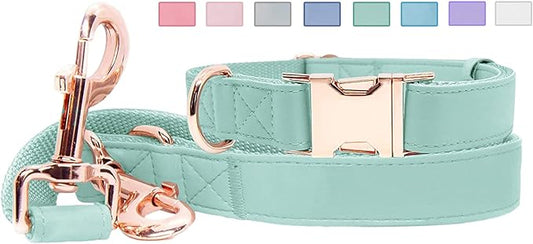 Soft Leather Dog Collar and Leash (6.6') Set - Stylish Rose Gold Heavy Duty Metal Buckle, 4 Adjustable Lengths Leash for Small Medium Large Dogs - Comfortable & Easy to Clean Mint Green M(13.8"-19.7")