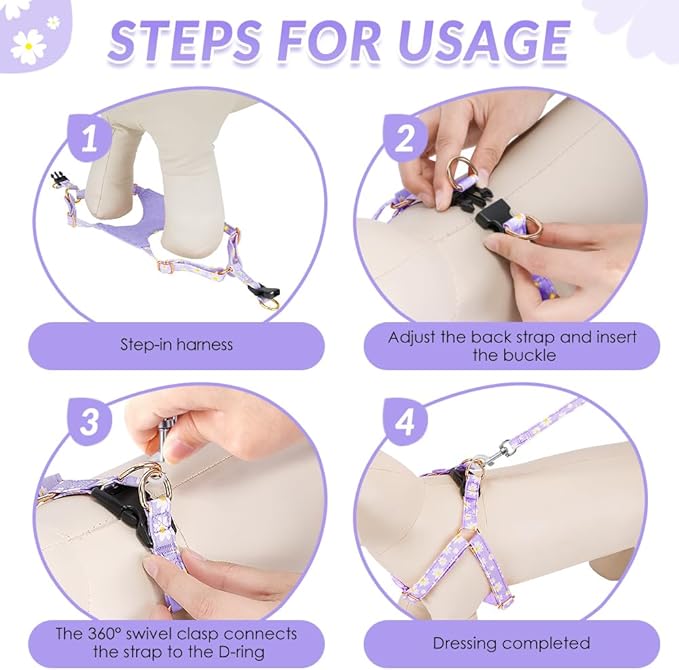 SlowTon No Pull Dog Harness with Leash - Soft Lightweight Floral Pattern Puppy Harness, Adjustable Pet Harness for Small Medium Dogs Doggie (Purple XXS)