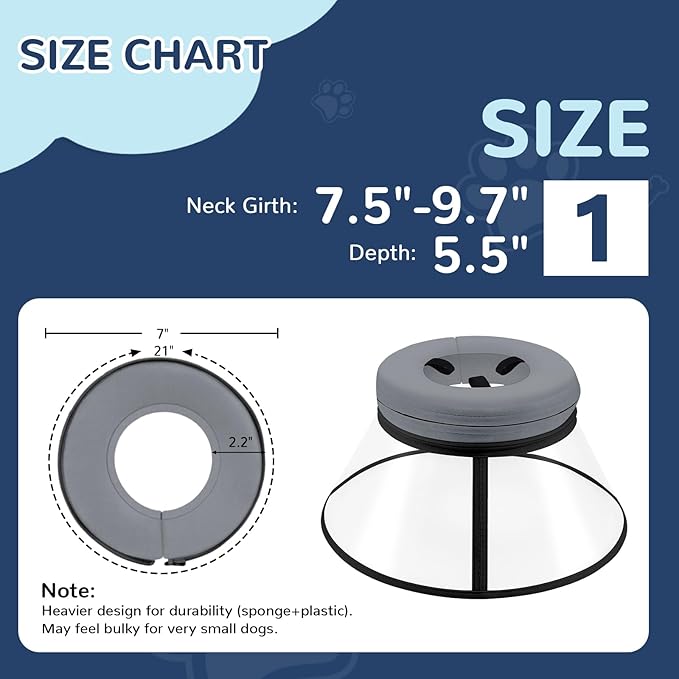 Sponge Core Dog Cone, Inflatable Dog Cone Collar Alternative, Dogs Donut Collar After Surgery, Soft Cone for Large Medium Small Dogs to Stop Licking, No Inflation Required, Clear View(Size 1, Gray)