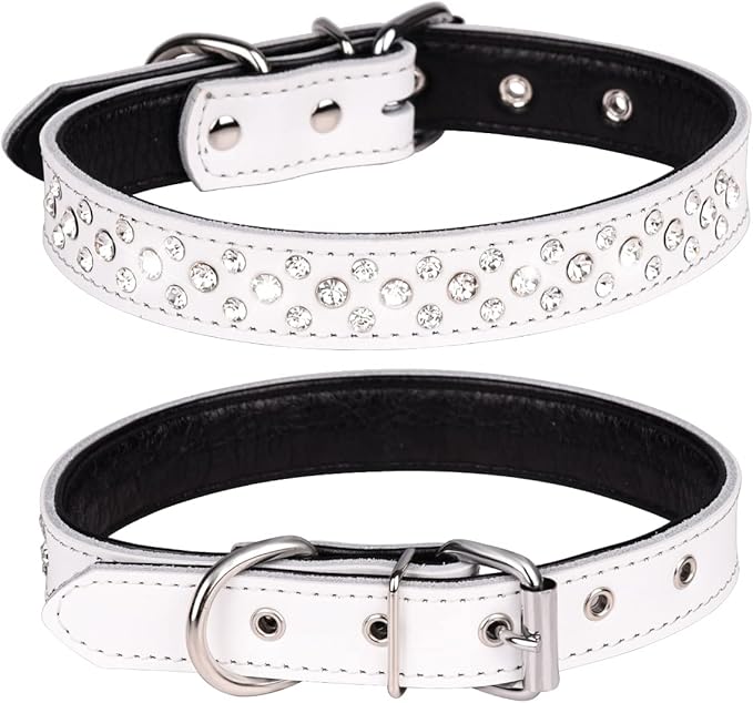 Rhinestone Dog Collar, Adjustable Cute Dazzling Sparkling Soft Leather Dog Collar Crystal Diamond Pet Dog Puppy Collar (S, White)
